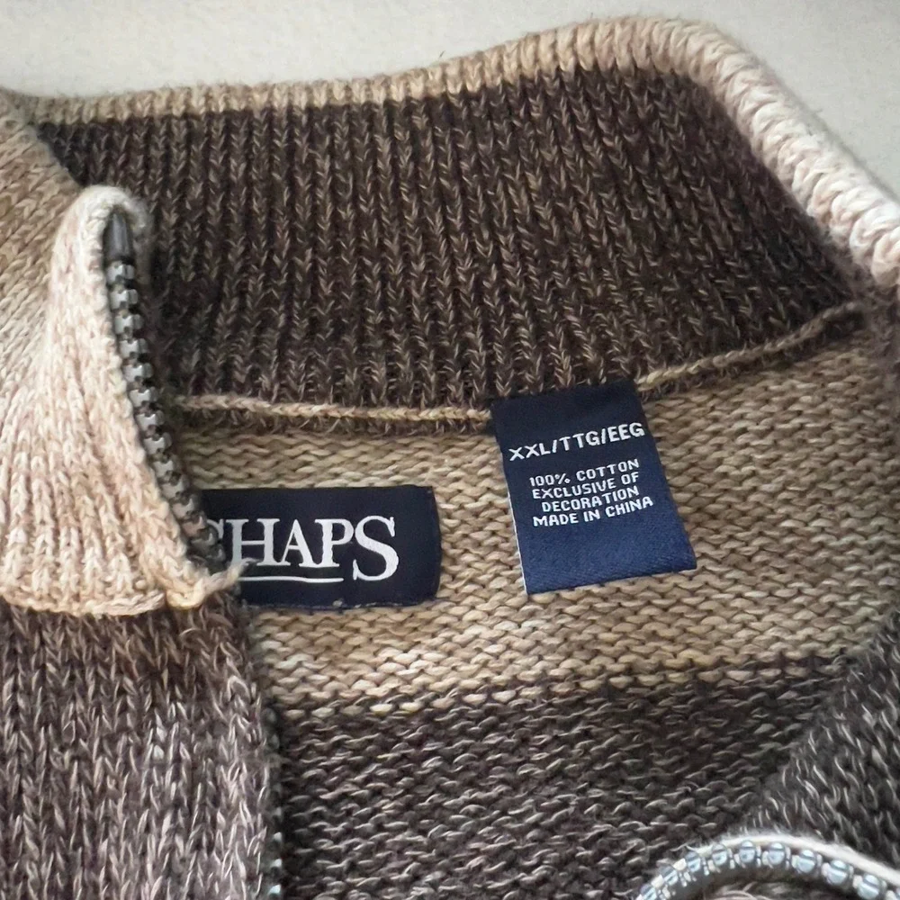Chaps Mens XXL Brown Tan Striped 1/4 Zip Cotton Knit Mock Neck Sweater Pullover